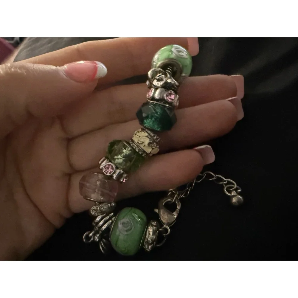 Green Pink Murano Glass Bead Charm Bracelet Silver Tone Bee European Style
